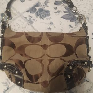 COACH F10619 Signature Jacquard Carly Shoulder Bag Khaki Brown Gold